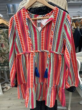 Sur La Vague Colorful Striped Mini Dress with Tassel Tie